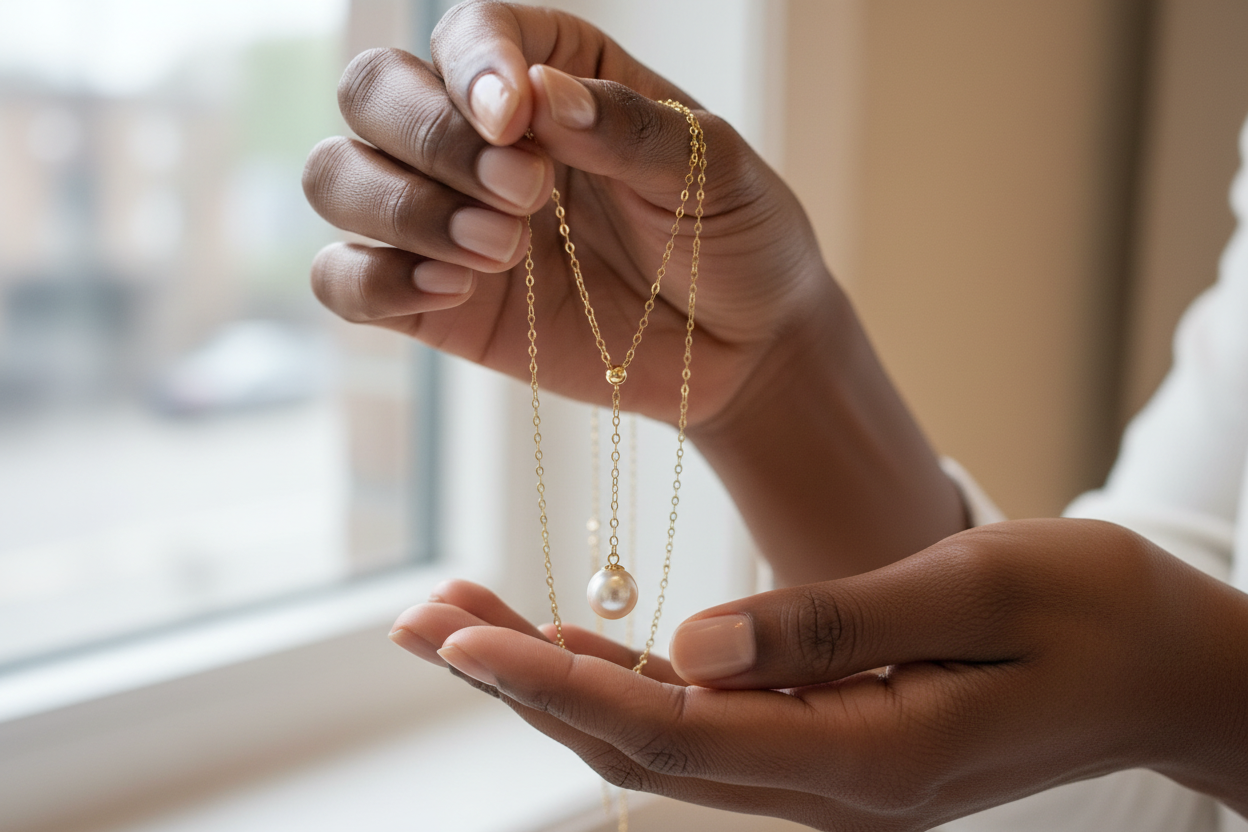 Dark-skinned woman holding 18K yellow gold necklace with Japanese cultured Akoya pearl